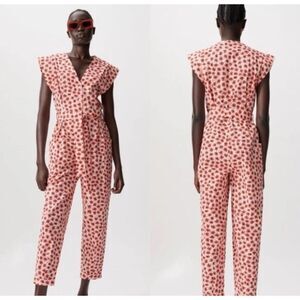 Zara Printed Belted Jumpsuit in Red White Floral Size S / NWT